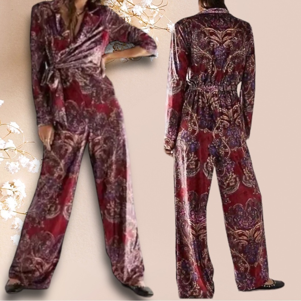 Free People Burgundy and Purple Paisley Jumpsuit